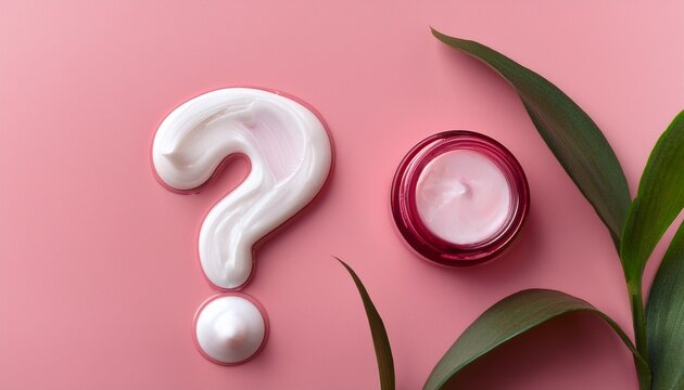 cream question mark on pink beauty product concept cosmetic texture flat lay