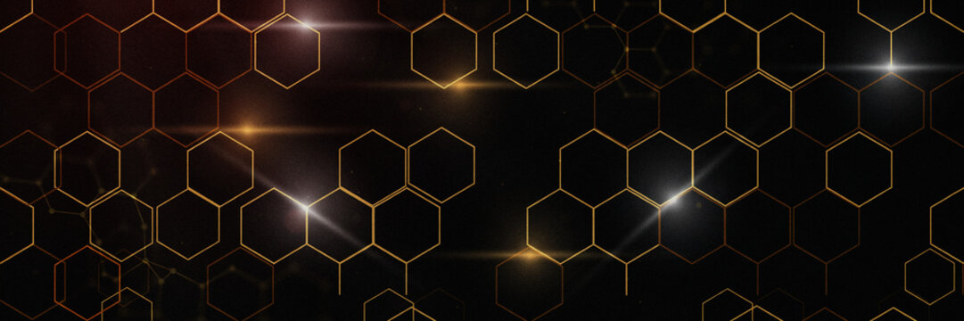 Golden hexagon pattern black artificial intelligence technology, futuristic digital network connections, honeycomb geometric texture, light effects lens flare, luxury business banner wallpaper design 