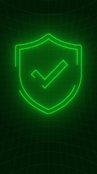 Cybersecurity motion background with a glowing green neon shield icon and glitch effect. This digital online safety concept vertical animation is full HD and a seamless loop.