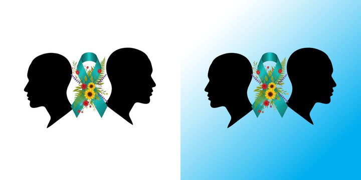 Black silhouette profile of two human heads with a decorative teal awareness ribbon in center