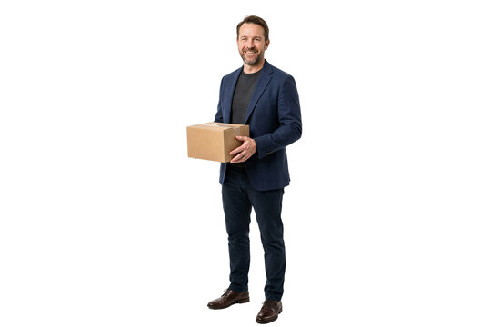 Smiling man holding cardboard box, isolated on transparent background. Delivery service, shipping, logistics, small business.