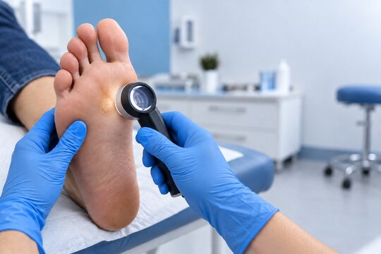 Podiatrist examining plantar callus with handheld dermatoscope