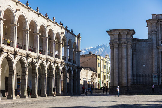 Photograph of Arequipa's Plaza de Armas, showing the Cathedral and surrounding buildings with their characteristic *sillar* (volcanic stone) finishes.