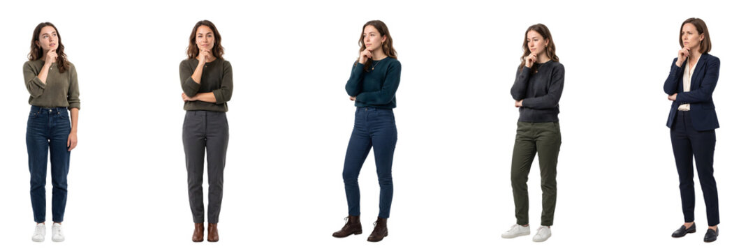 Woman in five different outfits with hand on chin, thinking, isolated on transparent background