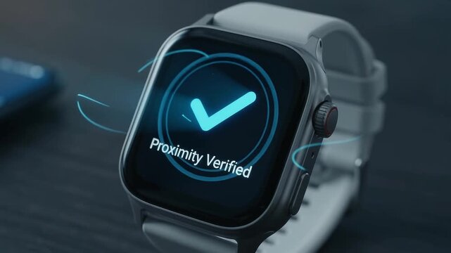 Smartwatch Displaying Proximity Verified Message with Smartphone on Desk, Digital Connectivity Tech