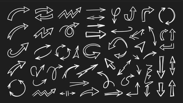 A large collection of various hand drawn arrow shapes isolated on a dark black background for creative design projects. Vector illustration