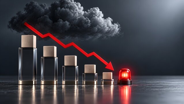 Red downward arrow on falling block chart under dark storm clouds with flashing warning siren representing economic recession and corporate financial crisis risk