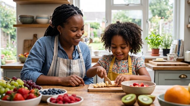 Mother and daughter happily preparing a healthy fruit salad together in a bright kitchen