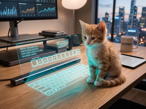 Ginger kitten sits beside holographic keyboard on office desk with city skyline background