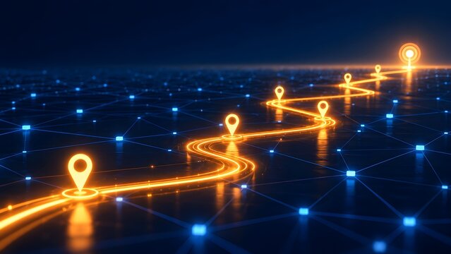 Glowing digital roadmap on cyber network grid leading to a bright target bullseye representing precise strategic planning and successful goal achievement