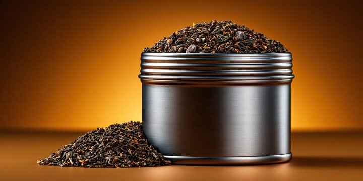 Loose leaf tea in silver tin close up
