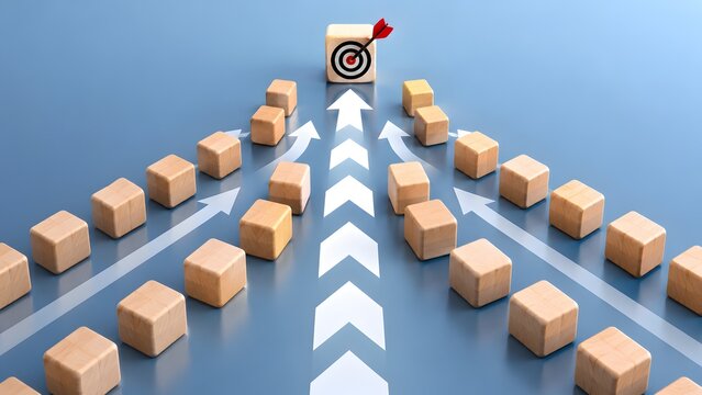 White directional arrows leading to wooden target block with red dart representing direct business strategy clear focus and competitive corporate goal achievement
