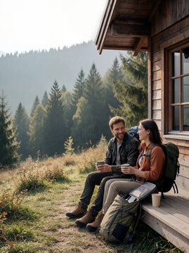 Happy Hiking Couple Resting on a Mountain Cabin Porch with Coffee