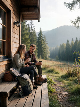 Happy Couple Enjoying Coffee on a Mountain Cabin Porch During a Hiking Trip
