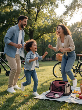 Happy Family Playing Outdoors During a Phone-Free Park Picnic