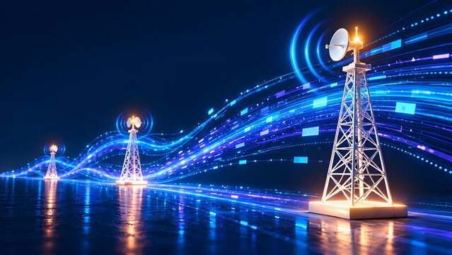 Glowing telecommunication towers transmitting high speed digital data streams representing wireless network infrastructure and global internet broadcasting connectivity