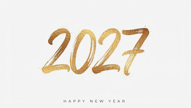 Golden brushstroke numbers 2027 with happy new year message on white background