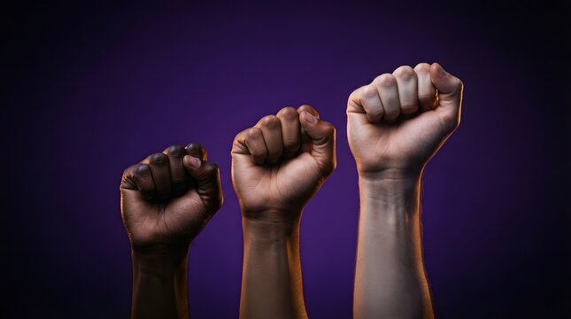 Three Raised Fists of Different Skin Tones Symbolizing Unity and Equality