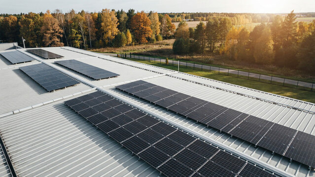 Aerial view of a commercial building roof with solar panels in a rural area during sunset