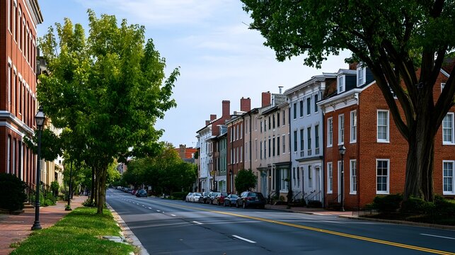 A quiet tree lined street with historic brick and painted row houses under a bright blue sky with scattered clouds