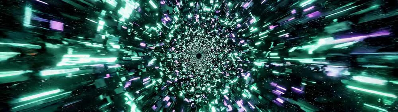 Entering a digital hyperspace tunnel traversing through futuristic cyberspace Concept of universe travel data flow or future technology.