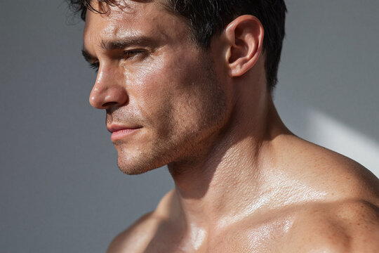 Male shoulder and profile lit by dramatic light and shadow with skin sheen and contemplative expression