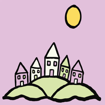 native flat art style  illustration of a cozy village