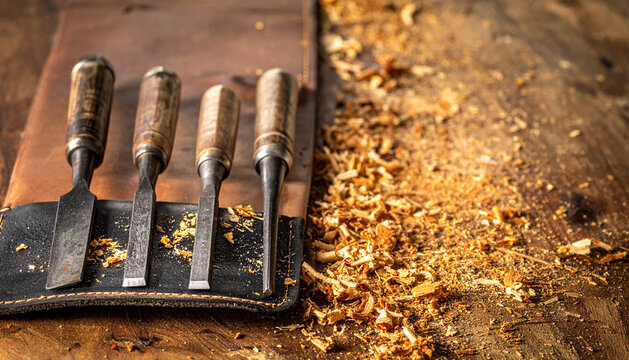 Row of chisels lined up on leather tool roll showing fine tool steel detail generative AI