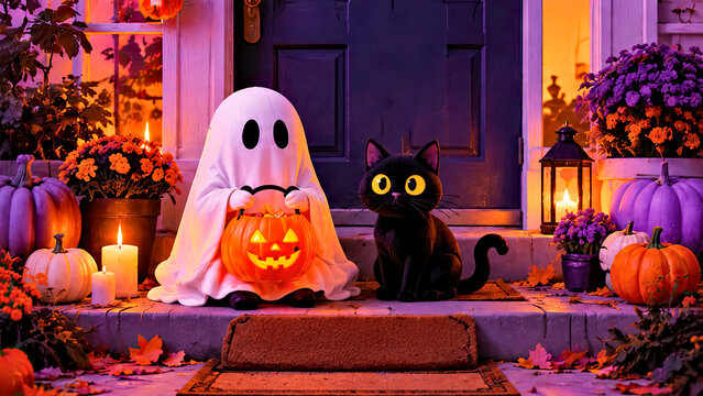 Ghost Holding Pumpkin Candy Bucket with Black Cat on Decorated Halloween Porch at Night