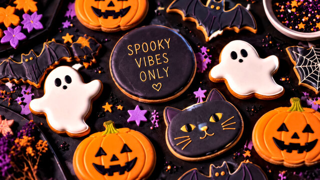 Colorful Halloween Cookies with Ghosts, Pumpkins, Black Cat, Bats and Spooky Vibes Text in Festive Flat Lay