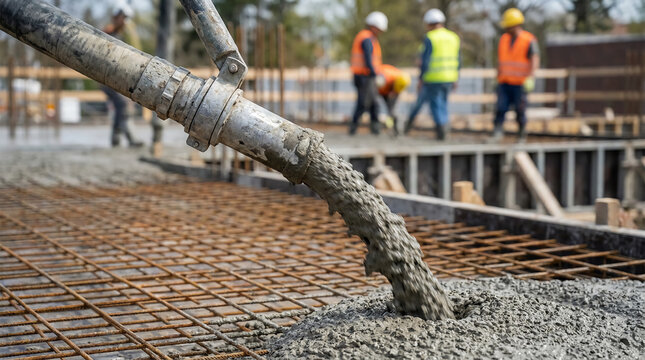 Concrete is being poured over steel reinforcement bars at a construction site with workers in safety vests and helmets in the background.