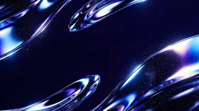 Futuristic Metallic Liquid Shapes on Dark Blue Background with Iridescent Reflections, Sparkles and Copy Space