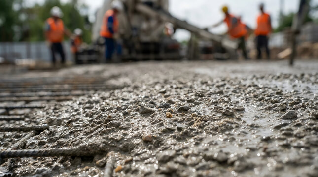 Close-up of freshly poured concrete on a construction site with workers in orange safety vests in the blurred background.