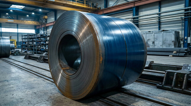 Large coil of rolled steel sheet stands in a spacious industrial warehouse with metal racks and equipment in the background.