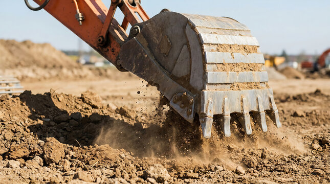 A close-up of an excavator's bucket digging into the ground, sending dirt and dust flying, showcasing heavy machinery in action.