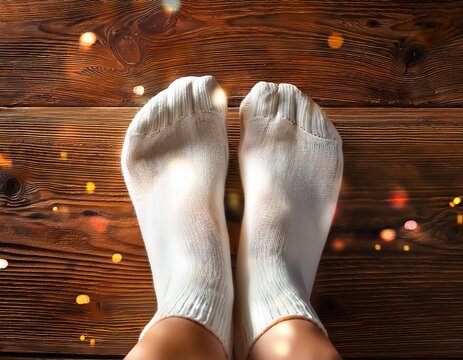 feet wearing white socks on wood