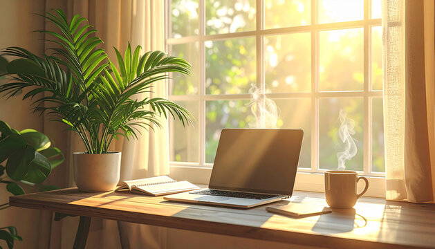 Cosy corner desk with plain laptop notebook and steaming mug beside plant near sunlit window generative AI