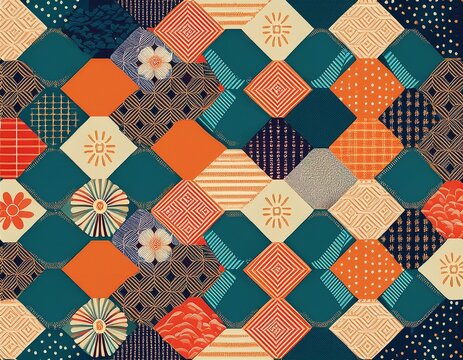 japanese geometric patchwork pattern teal navy orange and cream floral squares hexagons and lattice motifs for fabric wallpaper packaging and textile print