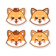 Fototapeta premium Four kawaii autumn fox characters with bows and acorns in cheerful expressions for branding and social media stickers