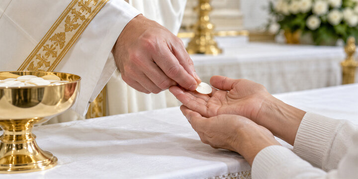 Priest giving communion host to kneeling person at church altar. Hands with eucharist bread and golden ciborium. Catholic mass and holy communion sacrament. Christian worship and faith.