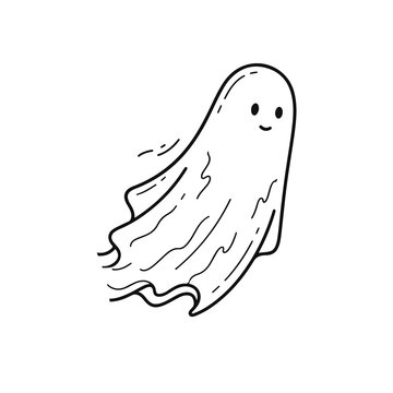 Ghost illustration with gate symbol. Minimalistic contour ghost in black and white colors. Ghost hunting