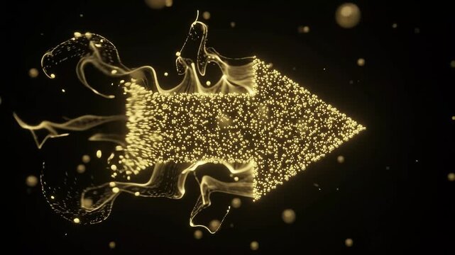 Golden sparkle arrow pointing forward in dark space with glowing particle background