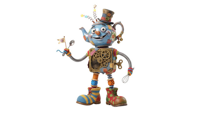 Whimsical steampunk robot character, vintage teapot head clockwork toy, eccentric mechanical cyborg with brass gears and colorful patchwork details isolated PNG with Transparent Background
