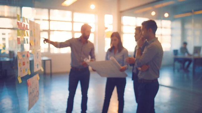 Defocused agile team of colleagues brainstorming strategy with blueprint on glass wall in sunlit office