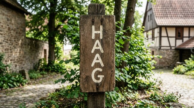 Rustic Wooden Sign HAAG in Old German Village with Half Timbered Houses and Cobblestone Path