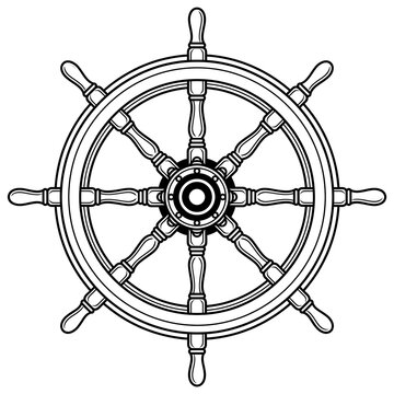 Nautical Ship Wheel Line Art - Vintage Maritime Navigation Symbol