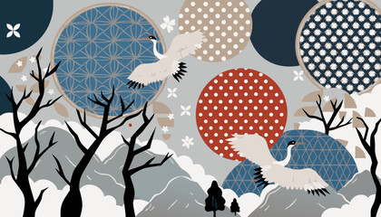 Fototapeta premium Japanese crane and floral ornament vector illustration with geometric backgrounds