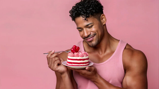 Sweet multiracial fit man eating a cake on pink background. Fitness, healthy eating and dessert food concept. Studio portrait for banner with copy space 