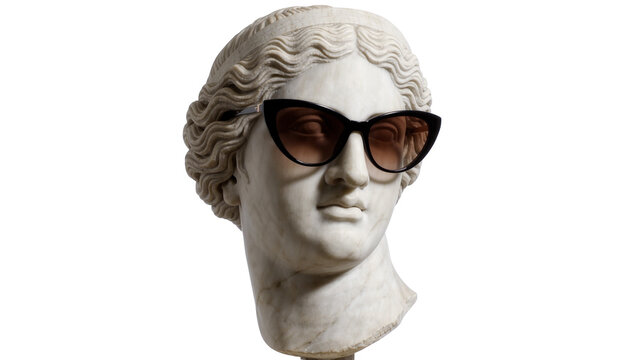 Marble bust of a classical woman wearing modern cat-eye sunglasses, isolated on transparent background