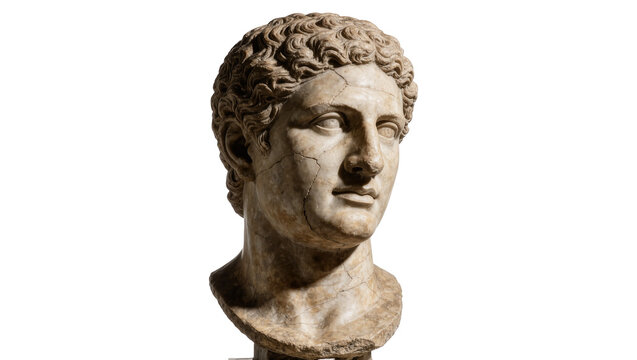 Ancient marble bust of a man with curly hair cracked texture, isolated on transparent background